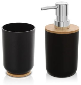 Set accessori bagno dispenser e portaspazzolini da appoggio nero abs e bambù Surf