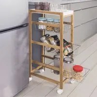 Carrello Cucina Slim Salvaspazio Legno Bambu 4 Ripiani 1 Vassoi 3 Cestelli Ruote