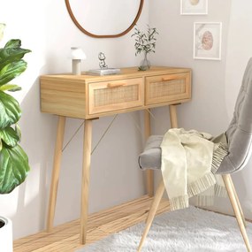 Tavolo Consolle Marrone 80x30x75 Massello Pino Rattan Naturale /