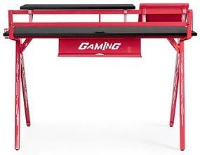 Scrivania GAMING in legno e pvc nero con base acciaio rosso, 135,5 x 60 cm