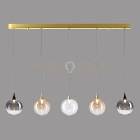 Lampada a sospensione bolla, metallo oro satinato + 5 luci in vetro...