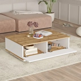 Tavolino Basso Da Salotto 90x60x28 Con Vani Interni Bianco E Rovere Frame