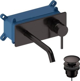 Rubinetto per lavabo Loop a parete per lavabo bocca 18cm + corpo incasso + piletta di scarico + placa rettangolare metal gun