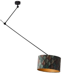 Lampada a sospensione nera con paralume in velluto con motivo a foglie e interno dorato 40/40/40 - Blitz