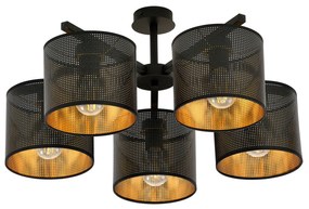 Plafoniera Industrial 5 Luci Cigno In Acciaio Nero E Paralumi A Cilindro Oro