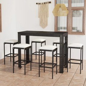 Set Bar da Giardino 7 pz con Cuscini in Polyrattan Nero