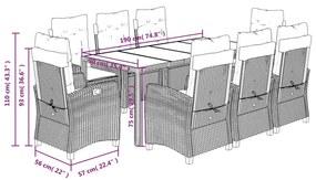 Set da Pranzo da Giardino 9 pz con Cuscini Nero in Polyrattan