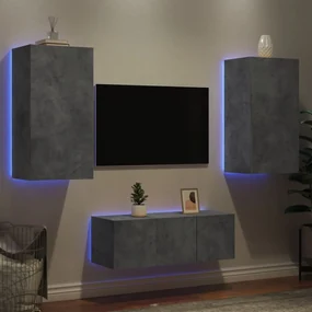 Mobili tv a muro con led 4pz grigio cemento legno multistrato