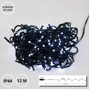 Catenaria Natalizia LED 12m IP44, 8 GIOCHI DI LUCE, Cavo VERDE Colore Bianco Freddo 7500 - 8500 °K
