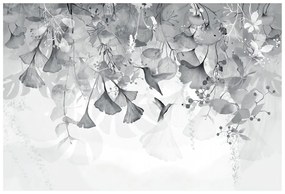 Carta da parati – Foglie con Colibrì in Bianco e Nero
