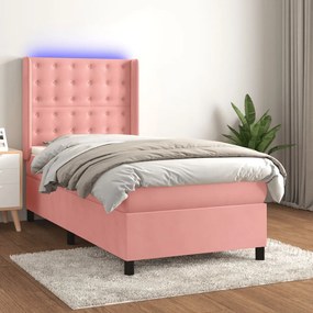 Letto a molle con materasso e led rosa 90x200 cm in velluto