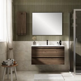 Mobile Linea L100 H55 P45 rovere cotto in laminato 2 cassetti a chiusura ammortizzata e lavabo in mineralmarmo bianco opaco vasca centrale