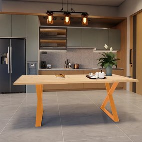 Tavolo da pranzo fisso in legno massello di abete grezzo 160X90X4 cm, 2 gambe Cross arancio