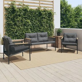 Set mobili da balcone 3 pz con cuscini nero in acciaio