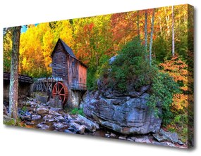 Quadro su tela Mulino ad acqua della foresta d'autunno 100x50 cm