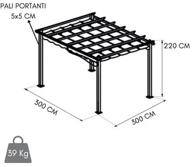 Pergola da Giardino 3x3, Gazebo in Acciaio Verniciato, Top in Poliestere 180 g/mq | 300x300x285h