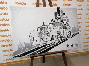 Quadro su tela – Auto in bianco e nero con sfondo vintage