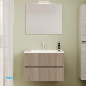 Mobile Bagno Sospeso "Easy" Da 80 Cm Composto Da Due Cassetti Lavabo E Specchio Con Lampada Led Finitura Rovere Fumo