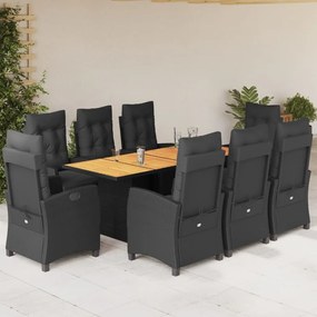 Set da pranzo da giardino 9 pz con cuscini nero in polyrattan