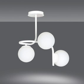 Lampadario 3 Luci Rama In Acciaio Bianco A Bracci E Sfere In Vetro Opalino
