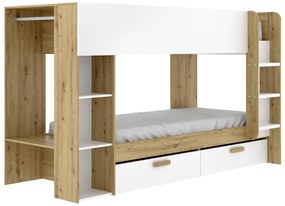 Letto a castello 2x90x200 con vani portaoggetti e bastone appendiabiti Bianco e naturale + Materasso  - OZANA