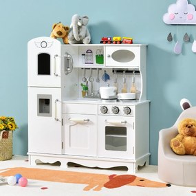 Costway Cucina giocattolo per bambini in legno con accessori telefono lavello forno fornelli, Set giochi cucina Bianco