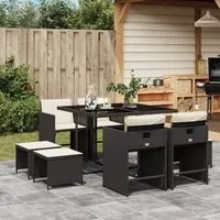 Set da Pranzo da Giardino 9 pz con Cuscini Nero in Polyrattan 3211134