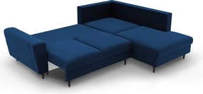 Divano angolare blu allungabile e con contenitore (con penisola a destra/a L) con rivestimento in velluto Kyoto – Cosmopolitan Design