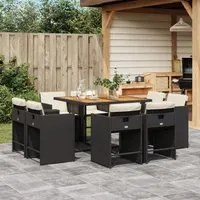 Set da Pranzo da Giardino 9 pz con Cuscini Nero in Polyrattan 3277970