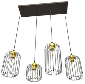 Sospensione Minimal Industrial Vander 4 Luci Lineari Nera E Oro