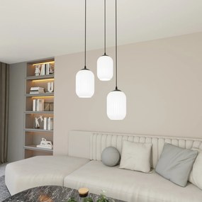 Lampadario 3 Luci Selene Base Tonda In Acciaio Nero E Vetri Plissettati Bianchi