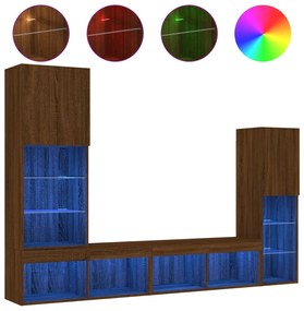 Mobili tv a muro con led 4pz rovere marrone legno multistrato