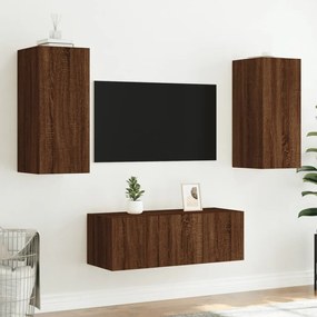 Mobili tv a muro con led 4pz rovere marrone legno multistrato