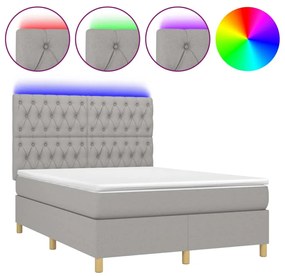 Letto a molle materasso e led grigio chiaro 140x200 cm tessuto