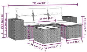 Set divano da giardino 5 pz con cuscini grigio in polyrattan