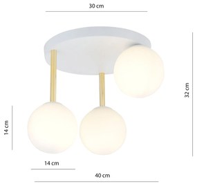 Plafoniera Contemporanea 3 Luci Dolce In Acciaio Bianco Oro E Sfere Vetro Bianco