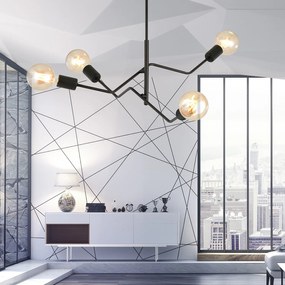 Sospensione Industrial 4 Luci Febe In Acciaio Nero E Bracci Regolabili