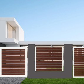 Cancello automatico battente Maia120-20 ALBA in alluminio noce telaio bianco, apertura centrale, L 350 x H 160 cm