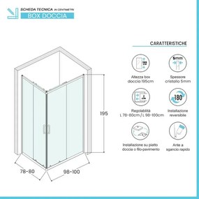 Box doccia angolare 80x100 cm nero opaco con doppio scorrevole Tay