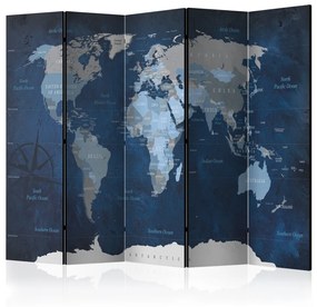 Paravento Mondo blu navy - mappa del mondo blu su sfondo di texture di legno