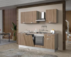 Cucina montata Dora rovere chiaro, lavello a sinistra, L 240 cm, completa di: cappa a camino, piano cottura a gas, forno, lavastoviglie