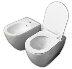 Candy Coppia sanitari a pavimento Vaso E Bidet Filo Muro senza brida in ceramica Con Sedile soft close Bianco