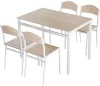 Set da Pranzo Tavolo e 4 Sedie in Metallo e MDF Bianco e Legno