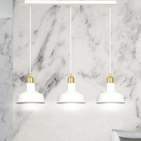 Lampadario Industrial 3 Luci Kubera In Acciaio Bianco Con Elementi In Oro