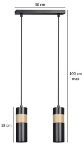 Lampadario 2 Luci Change In Acciaio Nero A Cilindro Con Legno Naturale