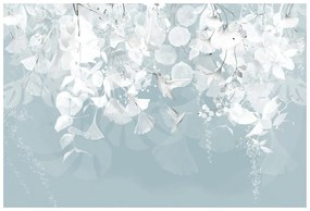 Carta da parati autoadesiva – Foglie con colibrì in blu-grigio