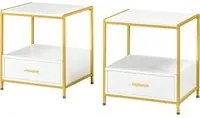 Set 2 Comodini 2 Cassetti 50x40x55 cm in Acciaio e Legno Truciolare Bianco e Oro