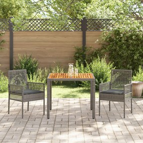 Set da pranzo giardino di 3 pezzi con cuscini grigi in polyrattan