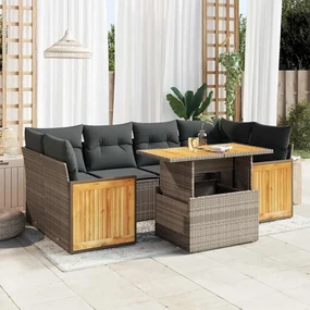 Set divani da giardino 7pz con cuscini grigio polyrattan acacia