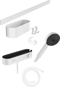 Kit Doccia 7pz con miscelatore a mensola doccetta 3jet cestino Appendiabiti barra Supporto Bianco Opaco Hansgrohe Wallstoris 24250700